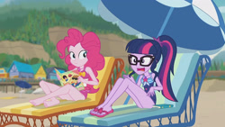 Size: 3410x1920 | Tagged: safe, imported from derpibooru, screencap, pinkie pie, sci-twi, twilight sparkle, equestria girls, equestria girls series, friendship math, bare shoulders, barefoot, beach, beach chair, book, chair, clothes, feet, female, geode of sugar bombs, geode of telekinesis, glasses, high res, jewelry, magazine, magazine cover, magical geodes, necklace, one-piece swimsuit, open mouth, ponytail, sandals, sleeveless, smiling, swimsuit, umbrella