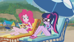 Size: 3410x1920 | Tagged: safe, imported from derpibooru, screencap, pinkie pie, sci-twi, twilight sparkle, equestria girls, equestria girls series, friendship math, bare shoulders, barefoot, beach, beach chair, book, chair, clothes, feet, female, geode of sugar bombs, geode of telekinesis, glasses, high res, jewelry, magazine, magazine cover, magical geodes, necklace, one-piece swimsuit, ponytail, sandals, sleeveless, smiling, swimsuit, umbrella