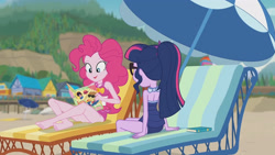 Size: 3410x1920 | Tagged: safe, imported from derpibooru, screencap, pinkie pie, sci-twi, twilight sparkle, equestria girls, equestria girls series, friendship math, bare shoulders, bareback, barefoot, beach, beach chair, book, chair, clothes, feet, female, geode of sugar bombs, glasses, high res, jewelry, magazine, magazine cover, magical geodes, necklace, one-piece swimsuit, open mouth, ponytail, sleeveless, smiling, swimsuit, umbrella