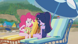 Size: 3410x1920 | Tagged: safe, imported from derpibooru, screencap, pinkie pie, sci-twi, twilight sparkle, equestria girls, equestria girls series, friendship math, bare shoulders, bareback, beach, beach chair, book, chair, clothes, female, geode of sugar bombs, glasses, high res, jewelry, magazine, magazine cover, magical geodes, necklace, one-piece swimsuit, ponytail, sleeveless, smiling, swimsuit, umbrella