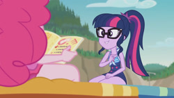 Size: 3410x1920 | Tagged: safe, imported from derpibooru, screencap, pinkie pie, sci-twi, twilight sparkle, equestria girls, equestria girls series, friendship math, bare shoulders, beach, beach chair, book, chair, clothes, female, glasses, high res, jewelry, magazine, necklace, one-piece swimsuit, ponytail, sleeveless, smiling, swimsuit