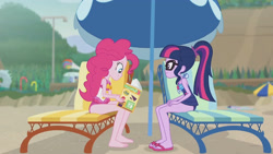 Size: 3410x1920 | Tagged: safe, imported from derpibooru, screencap, pinkie pie, sci-twi, twilight sparkle, equestria girls, equestria girls series, friendship math, bare shoulders, barefoot, beach, beach chair, book, chair, clothes, feet, female, geode of sugar bombs, geode of telekinesis, glasses, high res, jewelry, magazine, magazine cover, magical geodes, necklace, one-piece swimsuit, ponytail, sandals, sleeveless, smiling, swimsuit, umbrella