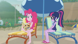 Size: 3410x1920 | Tagged: safe, imported from derpibooru, screencap, pinkie pie, sci-twi, twilight sparkle, equestria girls, equestria girls series, friendship math, bare shoulders, barefoot, beach, beach chair, book, chair, clothes, feet, female, geode of sugar bombs, geode of telekinesis, glasses, high res, jewelry, magazine, magazine cover, magical geodes, necklace, one-piece swimsuit, ponytail, sandals, sleeveless, smiling, swimsuit, umbrella