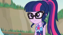 Size: 3410x1920 | Tagged: safe, imported from derpibooru, screencap, sci-twi, twilight sparkle, equestria girls, equestria girls series, friendship math, bare shoulders, beach, clothes, cute, female, geode of telekinesis, glasses, high res, jewelry, magical geodes, necklace, one-piece swimsuit, ponytail, sleeveless, smiling, solo, swimsuit, twiabetes