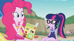 Size: 3410x1920 | Tagged: safe, imported from derpibooru, screencap, pinkie pie, sci-twi, twilight sparkle, equestria girls, equestria girls series, friendship math, bare shoulders, beach, beach chair, book, chair, clothes, female, geode of sugar bombs, geode of telekinesis, glasses, high res, jewelry, magazine, magazine cover, magical geodes, necklace, one-piece swimsuit, ponytail, sleeveless, smiling, swimsuit