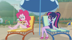 Size: 3410x1920 | Tagged: safe, imported from derpibooru, screencap, pinkie pie, sci-twi, twilight sparkle, equestria girls, equestria girls series, friendship math, bare shoulders, barefoot, beach, beach chair, book, chair, clothes, feet, female, geode of telekinesis, glasses, high res, jewelry, magazine, magazine cover, magical geodes, necklace, one-piece swimsuit, ponytail, sandals, sleeveless, smiling, swimsuit, umbrella