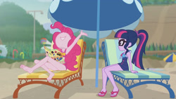 Size: 3410x1920 | Tagged: safe, imported from derpibooru, screencap, pinkie pie, sci-twi, twilight sparkle, equestria girls, equestria girls series, friendship math, armpits, bare shoulders, barefoot, beach, beach chair, book, chair, clothes, feet, female, geode of sugar bombs, geode of telekinesis, glasses, high res, jewelry, magazine, magazine cover, magical geodes, necklace, no points, nose in the air, one-piece swimsuit, ponytail, sandals, sleeveless, smiling, swimsuit, umbrella