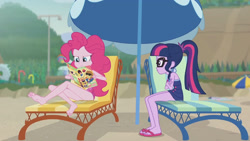 Size: 3410x1920 | Tagged: safe, imported from derpibooru, screencap, pinkie pie, sci-twi, twilight sparkle, equestria girls, equestria girls series, friendship math, bare shoulders, barefoot, beach, beach chair, book, chair, clothes, feet, female, geode of telekinesis, glasses, high res, jewelry, magazine, magazine cover, magical geodes, necklace, one-piece swimsuit, ponytail, sandals, sleeveless, smiling, swimsuit, umbrella