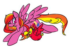 Size: 796x522 | Tagged: safe, artist:kittyarts, imported from derpibooru, feathermay, bird, parrot, pegasus, pony, 30 minute art challenge, blush sticker, blushing, duo, female, flying, mare, open mouth, simple background, smiling, spread wings, white background, wings