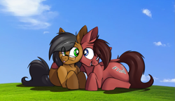 Size: 1095x631 | Tagged: safe, artist:notetaker, imported from derpibooru, oc, oc:chance, oc:notetaker, earth pony, pegasus, pony, :p, glasses, lying down, male, tongue out, windows xp background