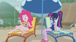 Size: 3410x1920 | Tagged: safe, imported from derpibooru, screencap, pinkie pie, sci-twi, twilight sparkle, equestria girls, equestria girls series, friendship math, bare shoulders, barefoot, beach, beach chair, book, chair, clothes, feet, female, geode of sugar bombs, geode of telekinesis, glasses, high res, jewelry, magazine, magazine cover, magical geodes, necklace, one-piece swimsuit, ponytail, sandals, sleeveless, smiling, swimsuit, umbrella