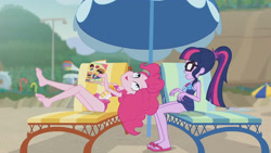 Size: 3410x1920 | Tagged: safe, imported from derpibooru, screencap, feather bangs, pinkie pie, sci-twi, twilight sparkle, equestria girls, equestria girls series, friendship math, bare shoulders, barefoot, beach, beach chair, book, chair, clothes, duo, duo female, feet, female, frown, geode of sugar bombs, geode of telekinesis, glasses, high res, jewelry, magazine, magazine cover, magical geodes, necklace, one-piece swimsuit, open mouth, open smile, pinkie pie swimsuit, ponytail, sandals, schrödinger's pantsu, sci-twi swimsuit, sleeveless, smiling, soles, swimsuit, umbrella