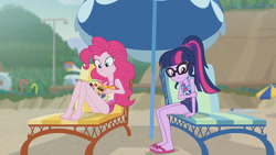 Size: 3410x1920 | Tagged: safe, imported from derpibooru, screencap, pinkie pie, sci-twi, twilight sparkle, equestria girls, equestria girls series, friendship math, bare shoulders, barefoot, beach, beach chair, book, chair, clothes, feet, female, geode of sugar bombs, geode of telekinesis, glasses, high res, jewelry, magazine, magazine cover, magical geodes, necklace, one-piece swimsuit, ponytail, sandals, sleeveless, smiling, swimsuit, umbrella