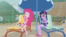 Size: 3410x1920 | Tagged: safe, imported from derpibooru, screencap, feather bangs, pinkie pie, sci-twi, twilight sparkle, equestria girls, equestria girls series, friendship math, bare shoulders, barefoot, beach, beach chair, book, chair, clothes, duo, duo female, feet, female, frown, geode of sugar bombs, geode of telekinesis, glasses, high res, jewelry, magazine, magazine cover, magical geodes, necklace, one-piece swimsuit, open mouth, pinkie pie swimsuit, ponytail, sandals, sleeveless, swimsuit, thinking, umbrella