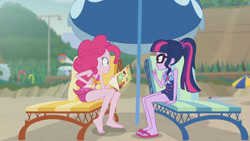 Size: 3410x1920 | Tagged: safe, imported from derpibooru, screencap, pinkie pie, sci-twi, twilight sparkle, equestria girls, equestria girls series, friendship math, bare shoulders, barefoot, beach, beach chair, book, chair, clothes, feet, female, geode of sugar bombs, geode of telekinesis, glasses, high res, jewelry, magazine, magazine cover, magical geodes, necklace, one-piece swimsuit, ponytail, sandals, sleeveless, swimsuit, umbrella