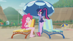 Size: 3410x1920 | Tagged: safe, imported from derpibooru, screencap, pinkie pie, sci-twi, twilight sparkle, equestria girls, equestria girls series, friendship math, bare shoulders, barefoot, beach, beach chair, chair, clothes, eyes closed, feet, female, flunked?!, geode of sugar bombs, geode of telekinesis, glasses, high res, jewelry, magical geodes, necklace, one-piece swimsuit, open mouth, ponytail, sandals, shocked, sleeveless, smiling, swimsuit, umbrella, wide eyes