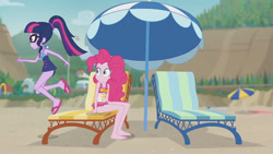 Size: 3410x1920 | Tagged: safe, imported from derpibooru, screencap, pinkie pie, sci-twi, twilight sparkle, equestria girls, equestria girls series, friendship math, bare shoulders, barefoot, beach, beach chair, chair, clothes, feet, female, geode of sugar bombs, geode of telekinesis, glasses, high res, jewelry, magical geodes, necklace, one-piece swimsuit, ponytail, sandals, sleeveless, swimsuit, umbrella