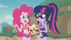 Size: 3410x1920 | Tagged: safe, imported from derpibooru, screencap, pinkie pie, sci-twi, twilight sparkle, equestria girls, equestria girls series, friendship math, bare shoulders, beach, book, clothes, female, geode of sugar bombs, geode of telekinesis, glasses, high res, jewelry, magazine, magazine cover, magical geodes, necklace, one-piece swimsuit, open mouth, ponytail, sleeveless, swimsuit