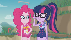 Size: 3410x1920 | Tagged: safe, imported from derpibooru, screencap, pinkie pie, sci-twi, twilight sparkle, equestria girls, equestria girls series, friendship math, adjusting glasses, bare shoulders, beach, clothes, female, geode of sugar bombs, geode of telekinesis, glasses, high res, jewelry, magical geodes, necklace, one-piece swimsuit, ponytail, sleeveless, smiling, swimsuit