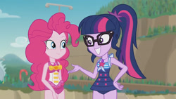 Size: 3410x1920 | Tagged: safe, imported from derpibooru, screencap, pinkie pie, sci-twi, twilight sparkle, equestria girls, equestria girls series, friendship math, bare shoulders, beach, clothes, female, geode of sugar bombs, geode of telekinesis, glasses, grin, high res, jewelry, legs together, magical geodes, necklace, one-piece swimsuit, ponytail, sleeveless, smiling, swimsuit