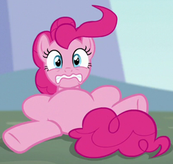 Size: 398x378 | Tagged: safe, artist:luckreza8, imported from derpibooru, screencap, pinkie pie, earth pony, pony, season 5, the one where pinkie pie knows, cropped, featureless crotch, female, frown, gritted teeth, lying down, mare, reaction image, solo, tripping, wavy mouth