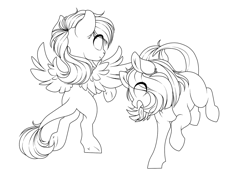 Size: 1280x896 | Tagged: safe, alternate version, artist:schokocream, imported from derpibooru, oc, oc only, pegasus, pony, duo, eyelashes, female, lineart, mare, monochrome, pegasus oc, rearing, wings