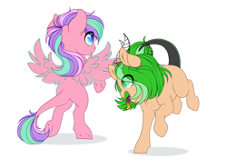 Size: 1280x896 | Tagged: safe, alternate version, artist:schokocream, imported from derpibooru, oc, oc only, pegasus, pony, colored, duo, eyelashes, female, mare, pegasus oc, rearing, wings