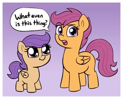 Size: 2382x1922 | Tagged: safe, artist:heretichesh, imported from derpibooru, scootaloo, pegasus, pony, cute, cutealoo, duo, female, filfil, filly, gradient background, looking at you, smol, speech bubble, talking to viewer