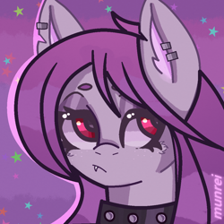 Size: 1000x1000 | Tagged: safe, artist:munrei, imported from derpibooru, oc, oc only, oc:purple fullmoon, pony, avatar, bust, collar, ear piercing, earring, fangs, jewelry, piercing, portrait, red eyes, solo