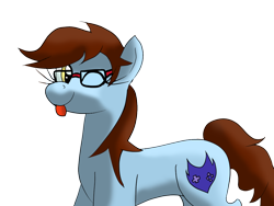 Size: 1024x768 | Tagged: safe, artist:tranzmuteproductions, imported from derpibooru, oc, oc only, earth pony, pony, :p, brown mane, earth pony oc, eyelashes, female, glasses, mare, one eye closed, simple background, smiling, solo, tail, tongue out, transparent background, yellow eyes