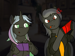 Size: 1024x768 | Tagged: safe, artist:tranzmuteproductions, imported from derpibooru, oc, oc only, oc:tranzmute, bat pony, changeling queen, pony, bat pony oc, bust, changeling queen oc, clothes, controller, cross-popping veins, duo, female, jewelry, male, necklace, necktie, pearl necklace, tongue out, unshorn fetlocks