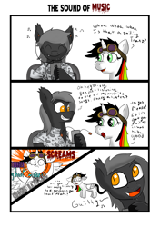 Size: 2039x2894 | Tagged: safe, artist:tranzmuteproductions, imported from derpibooru, oc, oc only, oc:lightning bliss, oc:tranzmute, alicorn, bat pony, pony, alicorn oc, bat pony oc, comic, dialogue, female, grin, high res, horn, male, mare, multicolored hair, rainbow hair, smiling, stallion, wide eyes, wings