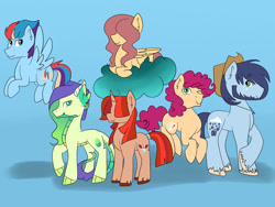 Size: 1024x768 | Tagged: safe, artist:marimey, imported from derpibooru, oc, oc only, oc:blue apple berry, oc:clouds flower, oc:esmerald fire, oc:overjoyed, oc:rainbow blaze jr, dracony, earth pony, hybrid, pegasus, pony, unicorn, beard, cloud, facial hair, female, hair over eyes, interspecies offspring, male, mare, next generation, offspring, on a cloud, parent:applejack, parent:cheese sandwich, parent:dumbbell, parent:pinkie pie, parent:rainbow dash, parent:rarity, parent:soarin', parent:spike, parents:cheesepie, parents:dumbdash, parents:hoopshy, parents:soarinjack, parents:sparity, sitting, sitting on a cloud, stallion