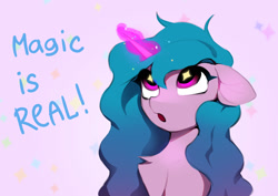 Size: 2196x1554 | Tagged: safe, artist:vensual99, imported from derpibooru, izzy moonbow, pony, unicorn, :o, bust, chest fluff, dialogue, female, floppy ears, g5, glowing, glowing horn, horn, mare, open mouth, portrait, solo, starry eyes, wingding eyes