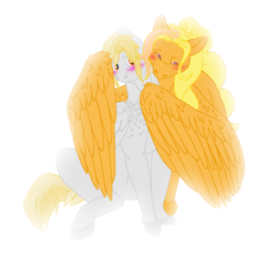 Size: 1364x1244 | Tagged: safe, artist:dr4m4-qu33n, imported from derpibooru, oc, oc only, oc:morning glory, oc:quicksilver, pegasus, pony, blushing, chest fluff, eyes closed, female, hug, hug from behind, lesbian, mare, oc x oc, offspring, parent:lightning dust, parent:thunderlane, parents:thunderdust, pegasus oc, shipping, simple background, smiling, white background, winghug, wings