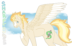 Size: 1316x844 | Tagged: safe, artist:dr4m4-qu33n, imported from derpibooru, oc, oc only, pegasus, pony, snake, braid, colored wings, female, hoof on chest, mare, offspring, parent:silver shill, parent:spitfire, pegasus oc, simple background, solo, story included, sword, transparent background, two toned wings, weapon, wings