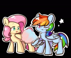 Size: 2119x1750 | Tagged: safe, artist:yilo, imported from derpibooru, fluttershy, rainbow dash, pegasus, pony, :t, black background, chest fluff, cotton candy, duo, duo female, eye clipping through hair, eyebrows, eyebrows visible through hair, female, folded wings, food, mare, multicolored hair, one eye closed, open mouth, open smile, outline, pink mane, rainbow hair, simple background, smiling, standing, stars, white outline, wing hands, wings