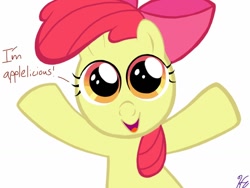 Size: 1024x768 | Tagged: safe, artist:gissele365, imported from derpibooru, apple bloom, earth pony, pony, adorabloom, apple bloom's bow, bow, bust, cute, female, filly, front view, hair bow, looking at you, open mouth, open smile, orange eyes, red mane, signature, simple background, smiling, solo, text, white background