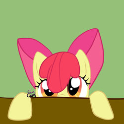 Size: 1024x1024 | Tagged: safe, artist:camcamtehcamsta, imported from derpibooru, apple bloom, earth pony, pony, adorabloom, apple bloom's bow, bow, cute, female, filly, hair bow, looking at you, orange eyes, red mane, signature, solo, table