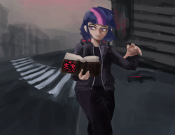 Size: 2078x1613 | Tagged: safe, artist:menalia, imported from derpibooru, twilight sparkle, human, book, car, city, clothes, female, holding, humanized, jacket, pants, shirt, solo, t-shirt, walking, wip