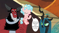 Size: 1280x720 | Tagged: safe, edit, edited screencap, imported from derpibooru, screencap, cozy glow, lord tirek, queen chrysalis, centaur, changeling, changeling queen, pegasus, pony, taur, the beginning of the end, cozirek, dialogue, eyes closed, female, filly, folded wings, freckles, horn, horns, implied marriage, male, married, nose piercing, nose ring, open mouth, piercing, septum piercing, shipping, sitting, speech bubble, straight, underage, wings