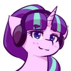 Size: 512x512 | Tagged: safe, alternate version, artist:ninebuttom, imported from derpibooru, starlight glimmer, pony, unicorn, animated, beanbrows, blushing, bust, eyebrows, eyebrows visible through hair, female, gif, headbang, headphones, horn, loop, mare, outline, portrait, s5 starlight, simple background, smiling, solo, transparent background, vibing, white outline