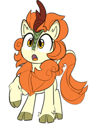 Size: 800x1100 | Tagged: safe, artist:icey, imported from derpibooru, autumn blaze, kirin, :o, fangs, female, open mouth, quadrupedal, raised hoof, simple background, snaggletooth, solo, white background