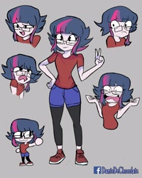 Size: 2000x2500 | Tagged: safe, artist:dantedechocolate, imported from derpibooru, sci-twi, twilight sparkle, equestria girls, :3, clothes, expressions, fanart, female, high res, leggings, shirt, shoes, short hair, shorts, solo, t-shirt