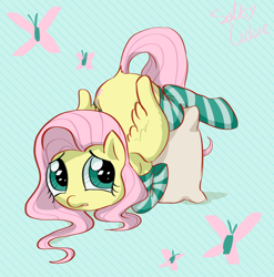 Size: 1218x1234 | Tagged: safe, artist:saltycube, derpibooru exclusive, imported from derpibooru, fluttershy, butterfly, pegasus, pony, abstract background, ass up, clothes, cute, female, mare, pillow, shyabetes, socks, solo, striped socks, wings