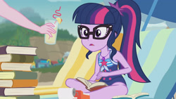 Size: 3410x1920 | Tagged: safe, imported from derpibooru, screencap, pinkie pie, sci-twi, twilight sparkle, equestria girls, equestria girls series, friendship math, bare shoulders, beach, beach chair, chair, clothes, female, food, geode of telekinesis, glasses, high res, jewelry, juice, lemonade, magical geodes, necklace, offscreen character, one-piece swimsuit, open mouth, ponytail, sleeveless, solo focus, swimsuit