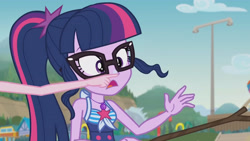 Size: 3410x1920 | Tagged: safe, imported from derpibooru, screencap, pinkie pie, sci-twi, twilight sparkle, equestria girls, equestria girls series, friendship math, bare shoulders, beach, boop, clothes, female, geode of telekinesis, glasses, high res, jewelry, magical geodes, necklace, offscreen character, one-piece swimsuit, open mouth, ponytail, sleeveless, solo focus, sunscreen, swimsuit