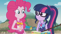 Size: 3410x1920 | Tagged: safe, imported from derpibooru, screencap, pinkie pie, sci-twi, twilight sparkle, equestria girls, equestria girls series, friendship math, bare shoulders, beach, book, clothes, cute, diapinkes, duo, duo female, female, geode of sugar bombs, geode of telekinesis, glasses, grin, high res, jewelry, magical geodes, necklace, one-piece swimsuit, pinkie pie swimsuit, ponytail, sci-twi swimsuit, sleeveless, smiling, sunscreen, swimsuit, twiabetes