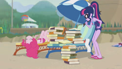 Size: 3410x1920 | Tagged: safe, imported from derpibooru, screencap, pinkie pie, sci-twi, twilight sparkle, equestria girls, equestria girls series, friendship math, bare shoulders, beach, beach chair, book, chair, clothes, eyes closed, female, geode of telekinesis, glasses, high res, jewelry, magical geodes, necklace, one-piece swimsuit, ponytail, sleeveless, swimsuit, umbrella