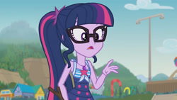 Size: 3410x1920 | Tagged: safe, imported from derpibooru, screencap, sci-twi, twilight sparkle, equestria girls, equestria girls series, friendship math, bare shoulders, beach, clothes, female, geode of telekinesis, glasses, high res, jewelry, magical geodes, necklace, one-piece swimsuit, open mouth, ponytail, sci-twi swimsuit, sleeveless, solo, swimsuit